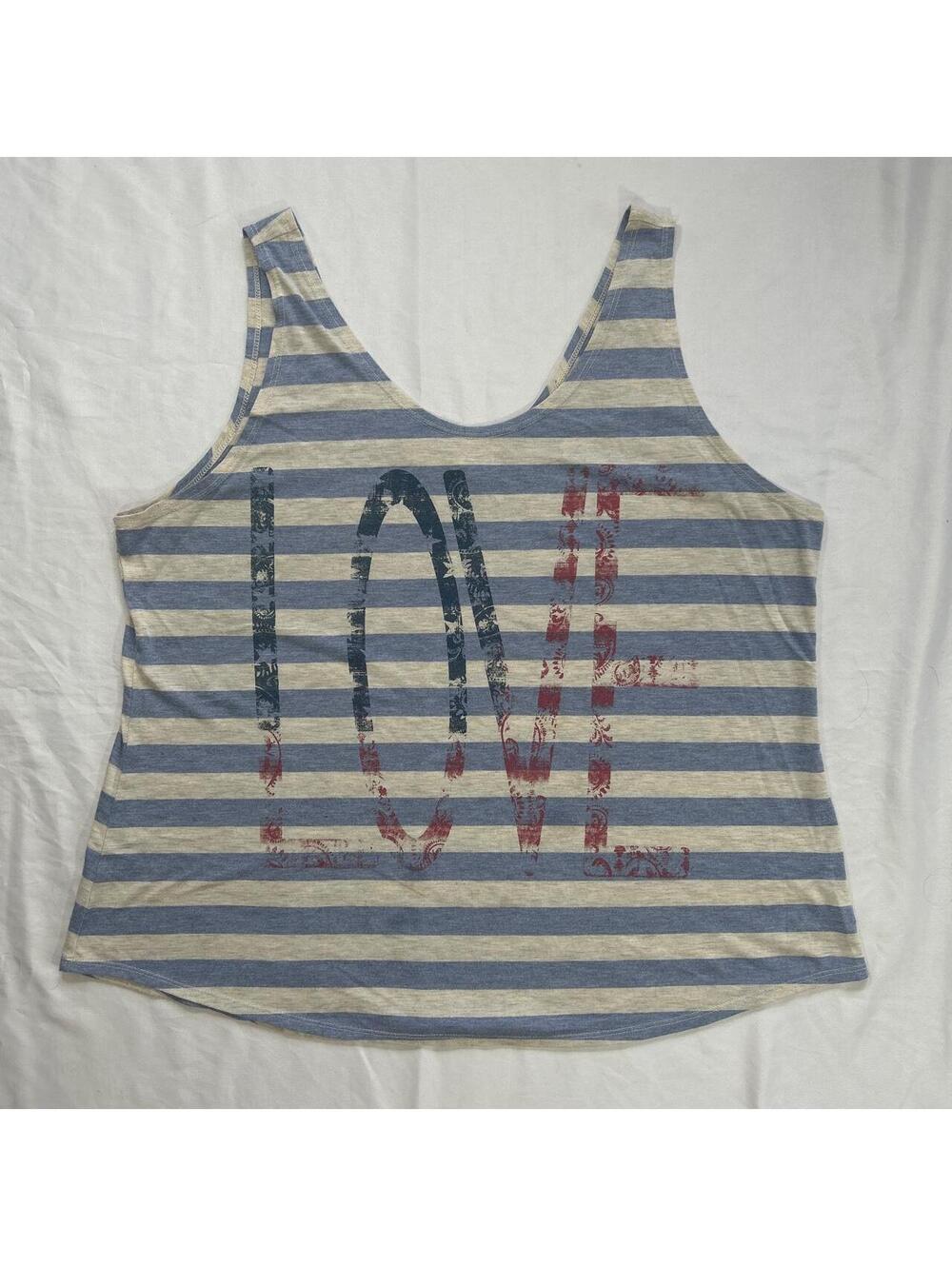 Maurices blue and cream striped LOVE graphic tank top in women’s size 2X.
